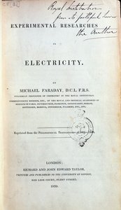Frontispice voor Experimentele Onderzoeken in Elektriciteit door Michael Faraday (1791-1867) gepubliceerd 1839 door English School
