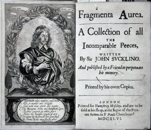 Frontispice van Fragmenta Aurea, een verzameling van alle onvergelijkbare stukken geschreven door Sir John Suckling, gepubliceerd in 1646