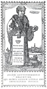 Frontispice van Johannes Gutenberg uit Een Beknopte Geschiedenis van de Oorsprong en Voortgang van de Drukkunst door Philip Luckombe, gepubliceerd in 1770 door English School