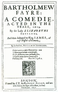 Frontispice van Bartholomew Fayre: Een komedie door Benjamin Jonson (15723-1637) 1631