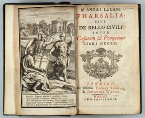 Frontispice van Pharsalia of De burgeroorlog tussen Caesar en Pompeius door Marcus Annaeus Lucan (AD 39-65) gegraveerd door J. Cole, 1719 door English School