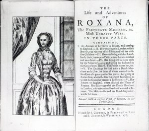 Frontispice van Roxana, The Fortunate Mistress door Daniel Defoe, editie uitgegeven in 1765