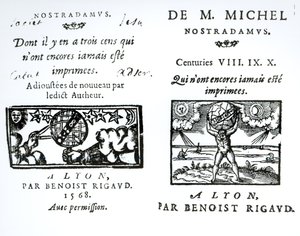 Frontispice voor De Voorspellingen van M. Michel Nostradamus, gepubliceerd door Benoist Rigaud, 1568 door English School