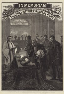 Begrafenis van prinses Alice, de prins van Wales en prins Leopold leggen kransen op de kist in het familiegraf op Rosenhohe (gravure) door English School