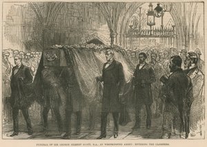 Begrafenis van wijlen Sir George Gilbert Scott, RA, in Westminster Abbey, het binnengaan van de kloosters
