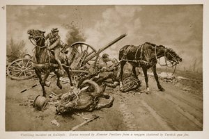 Gallipoli: Paarden gered door Munster Fusiliers van een wagen vernietigd door Turks kanonvuur door English School