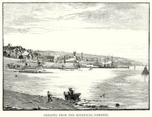 Geelong vanuit de Botanische Tuinen (gravure) door English School