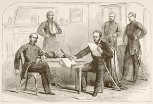 Generaal Joseph Eggleston Johnston geeft het leger van Tennessee over aan Generaal William Tecumseh Sherman (litho)