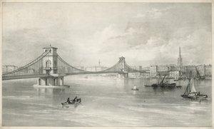 Algemeen overzicht van Hungerford en Lambeth Suspension Voetbrug door English School