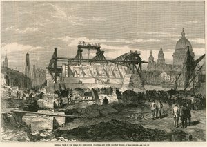 Algemeen uitzicht op de werken voor de London, Chatham en Dover Railway Bridge bij Blackfriars, Londen door English School