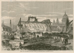 Algemeen overzicht van de werken voor de London, Chatham en Dover spoorwegbrug bij Blackfriars door English School