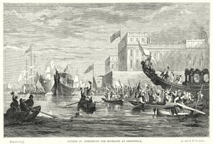 George IV vertrekt naar Schotland in Greenwich (gravure)