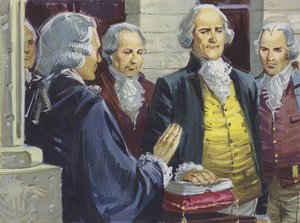 George Washington wordt beëdigd als de eerste president van Amerika in New York door English School