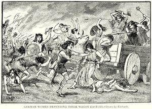 Duitse vrouwen verdedigen hun wagenkastelen (gravure)