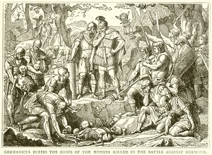 Germanicus begraaft de botten van de Romeinen gedood in de slag tegen Hermann door English School