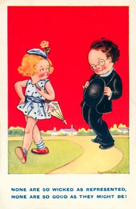 Meisje en jongen, goed en slecht (kleurenlitho)