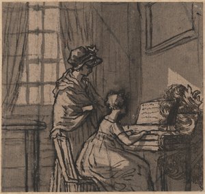 Meisje aan een klavecimbel, ca. 1800 (pen & was op papier)