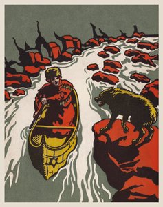 Meisje in een kano bedreigd door een wolf (kleurenlitho) door English School