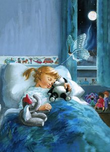 Meisje in bed verzorgd door een fee door English School