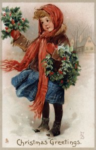Meisje verkoopt hulst en kerstkransen door English School
