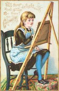 Meisje zit aan ezel te schilderen, Kerstkaart door English School