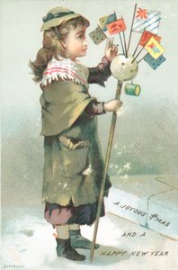 Meisje zwaait met vlaggen, Kerstkaart door English School