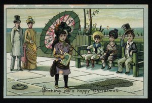 Meisje met een grote parasol wandelend langs een boulevard aan zee, kerstwenskaart
