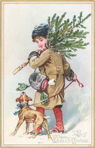 Meisje met hond die kerstboom draagt door English School