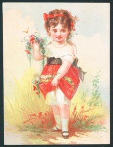 Meisje met bloemen en vlinder - Victoriaanse wenskaart door English School