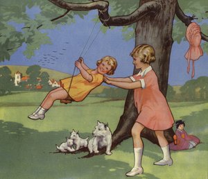 Meisjes spelen op schommel in Engels platteland