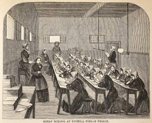 Meisjesschool in Tothill Fields Prison, illustratie uit The Criminal Prisons of London and Scenes from Prison Life door Henry Mayhew en John Binny, uitgegeven in 1862