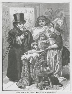 "Geef haar wat pap en een halve pil brood" (gravure) door English School