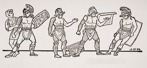 Gladiatoren, uit een muurschildering in Pompeii, illustratie uit The Outline of History door H.G. Wells, Volume I, gepubliceerd in 1820 door English School