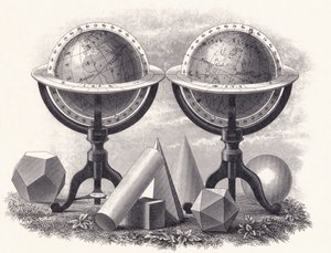 Globes van de aarde en de hemel met geometrische vormen door English School