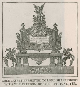 Gouden kistje aangeboden aan Lord Shaftesbury met de vrijheid van de stad, juni 1884