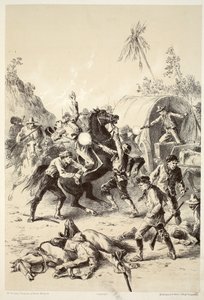 Goud-escorte aangevallen door Bush Rangers, uit The History of Australasia door David Blair, McGrady, Thomson, en Niven, 1879