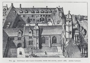 Gonville and Caius College, vanuit het zuiden, circa 1688, naar Loggan door English School