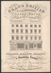 Grand British and Continental Coffee House, 66 en 67 Cornhill, handelskaart door English School