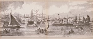 Groot Panorama van Londen, vanaf de rivier de Theems kijkend naar Shadwell, East India Docks en Limehouse, 1849 (houtsnede) door English School