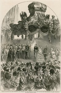 Grote ontvangst van de Keizer en Keizerin van Frankrijk door de Lord Mayor en Corporation in de Guildhall, Londen door English School