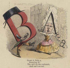 Grote A, kleine a, Stuiterende B! De kat zit in de kast, En kan mij niet zien (gekleurde gravure) door English School