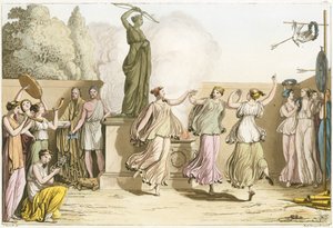 Griekse vrouwen dansen rond standbeeld van Diana