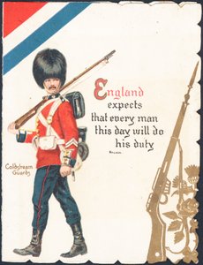 Wenskaart met een soldaat van de Coldstream Guards
