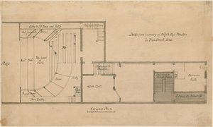 Grondplan van Miss Kellys Theatre (Royalty Theatre), Dean Street, Soho, Londen door English School