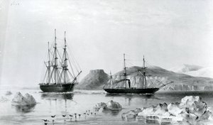 HMS Assistance in sleep van Pioneer langs John Harrow Mount, North Wellington Channel in 1853 (lithografie)