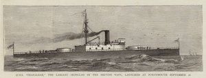 HMS "Trafalgar," het Grootste Pantserschip in de Britse Marine, te Water Gelaten in Portsmouth 20 September (gravure) door English School