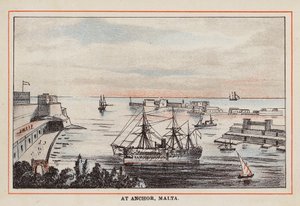 HM Indisch Troepenschip: Voor Anker, Malta (gekleurde gravure)