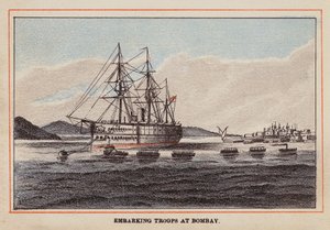 HM Indisch Troepenschip: Troepen inschepen in Bombay (gekleurde gravure)