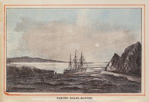 HM Indisch Troepenschip: Voorbij Bab-El-Manded (gekleurde gravure) door English School
