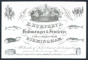 H Humphrys, visboer en fruitverkoper, handelskaart door English School